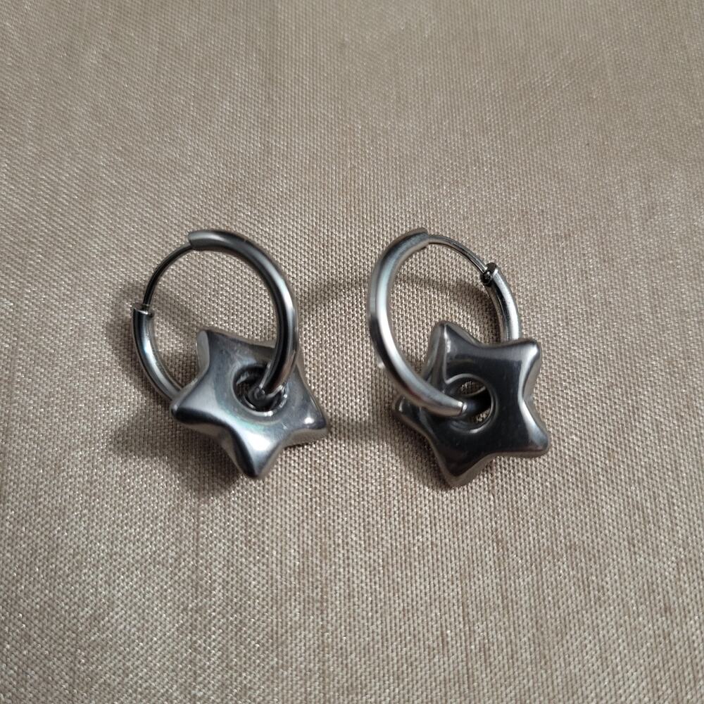 Silver stainless steel star charm mini hoop earrings
